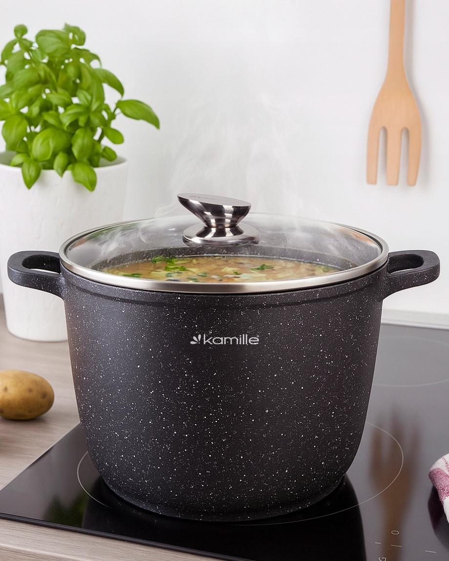 Кастрюля глубокая со стеклянной крышкой и антипригарным покрытием Kamille КМ-4487 из литого алюминия 14 л Черный мрамор (150-84-4487) - фото 3 Кастрюля глубокая со стеклянной крышкой и антипригарным покрытием Kamille КМ-4487 из литого алюминия 14 л Черный мрамор (150-84-4487) - фото 3