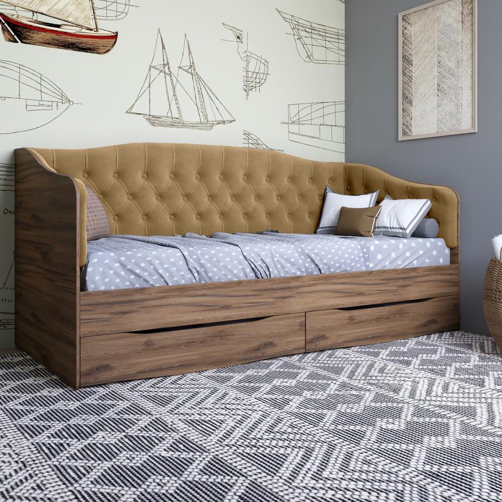 Кровать детская односпальная Lion Л-9 с мягкой спинкой и выдвижными ящиками 190x90 см Дуб Ливорно/Лили-02 (Lion-041472)