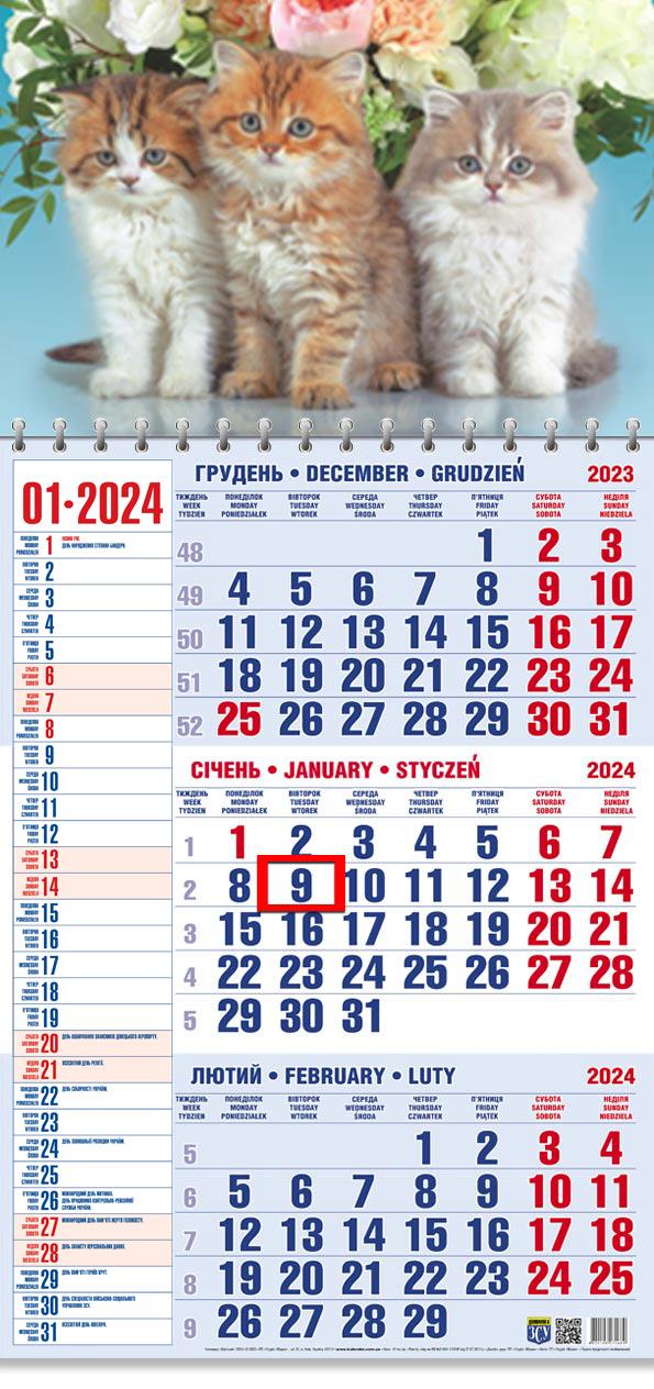 Календар на 2024 рік Офісний 1 Тріо котиків та ароматні квіти (ОФІС1-15 2024)