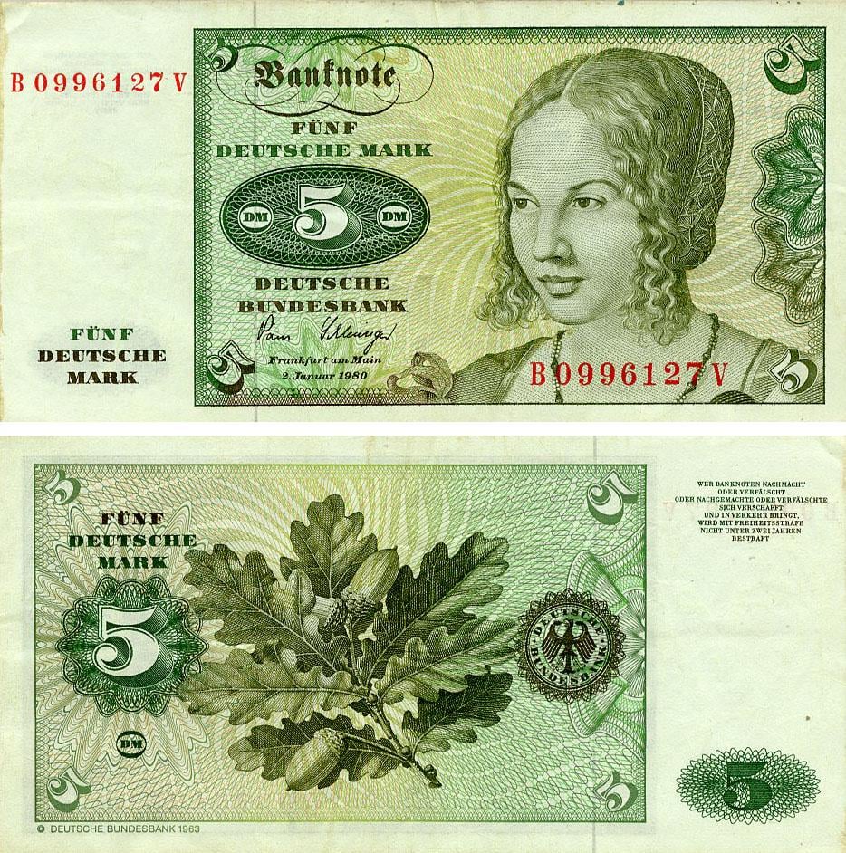 Коллекционная банкнота Германия 5 марок 1980 F-VF ФРГ P30b (Б25058)