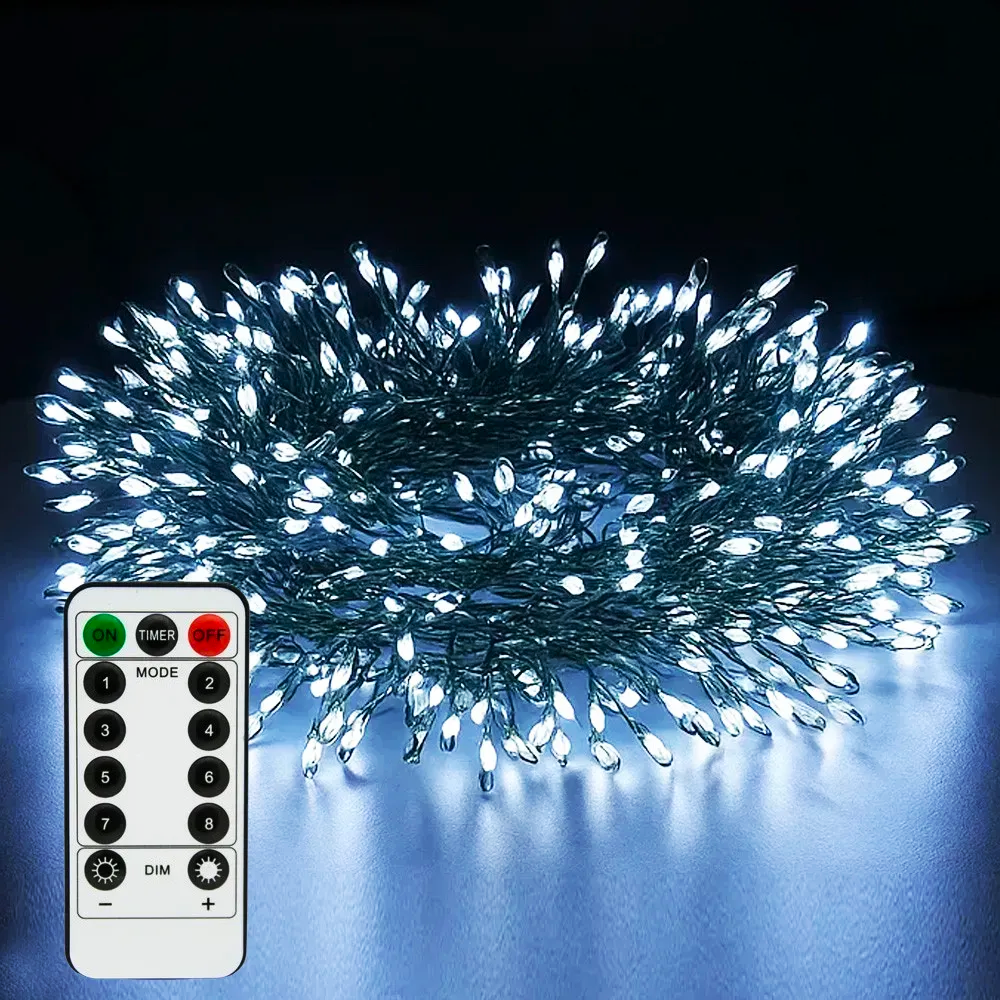 Гирлянда Роса мишура от сети и USB 30 м с пультом зеленый провод Холодный белый (234589201)