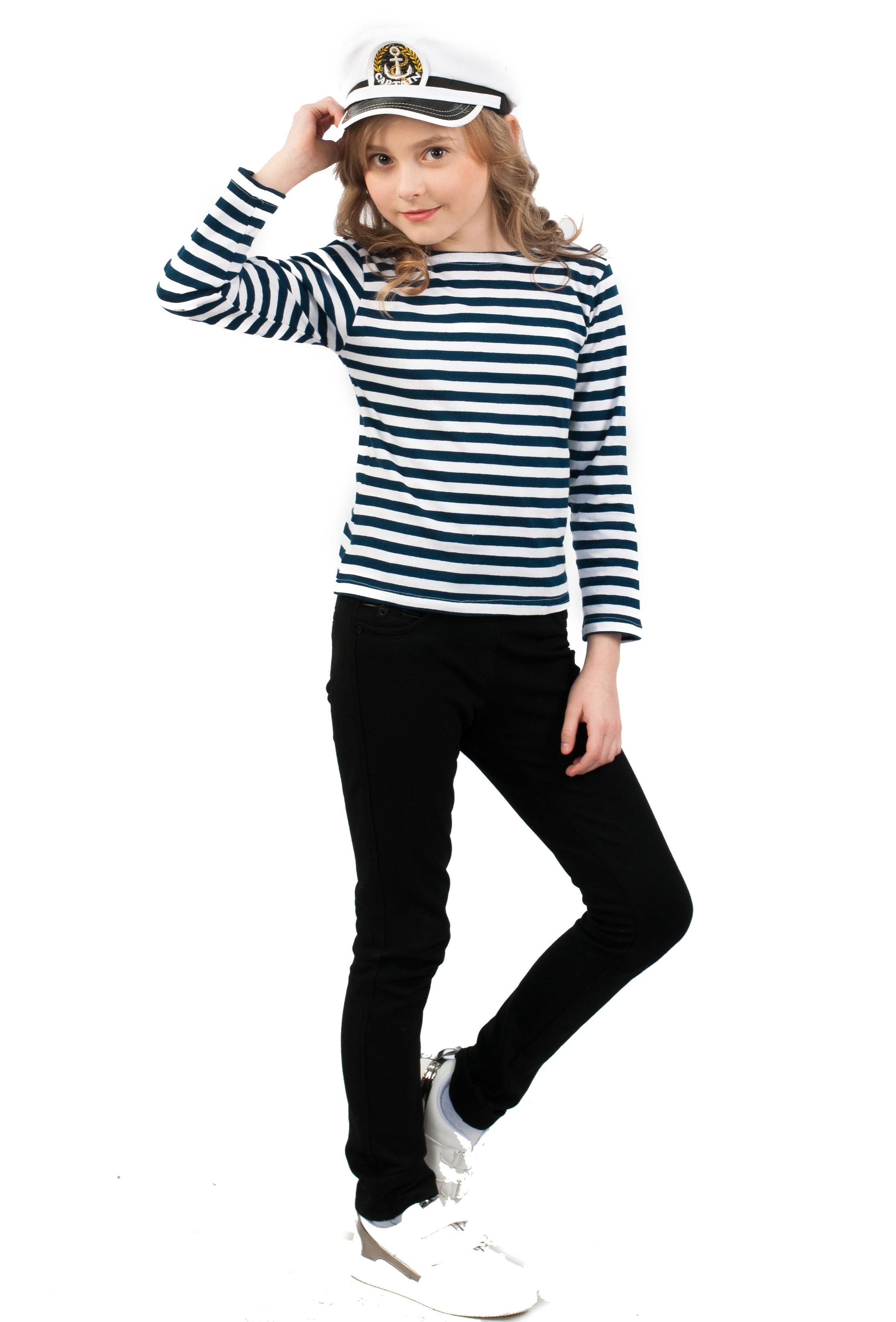 Морская тельняшка для девочки с длинным рукавом полоска хлопок р. 36 122-128 см Темно-синий