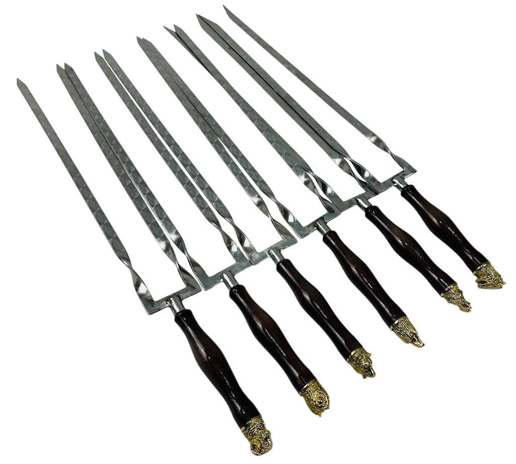 Набор двойных шампуров Сафари 3 мм с деревянными ручками, декорированными латунными головами зверей 66 см 6 шт. Венге (124-10-SH-3123)