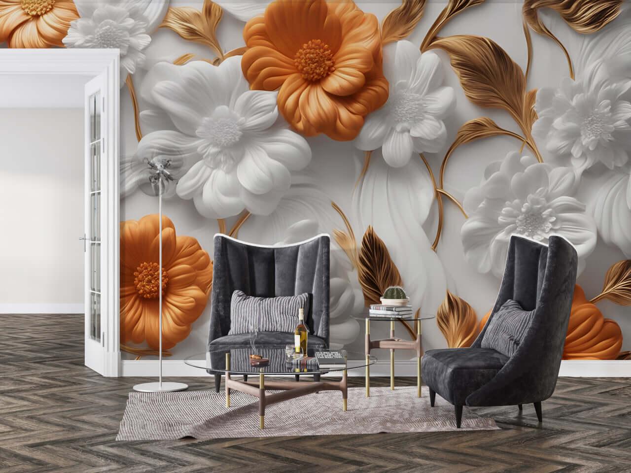 Фотообои флизелиновые Styleo Print-walls 3D Оранжевые цветы 034 300х250 см (Pw-034/2)