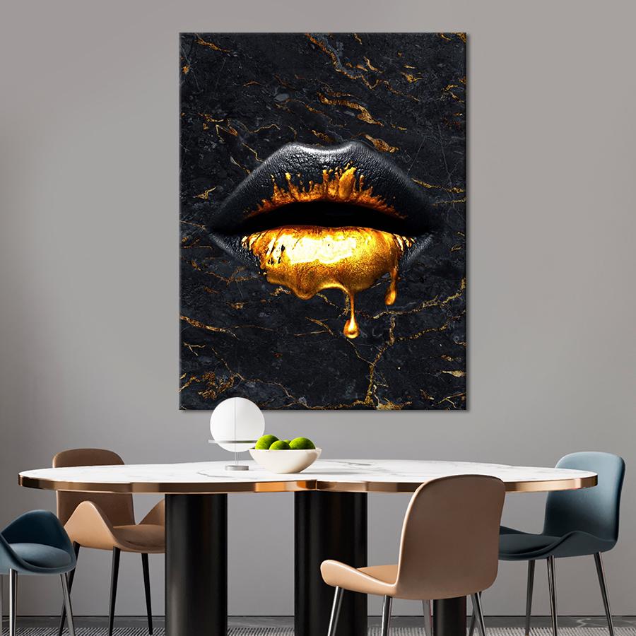 Настенний декор Чёрные губы в золотой краске 80x60 см (YM-40)