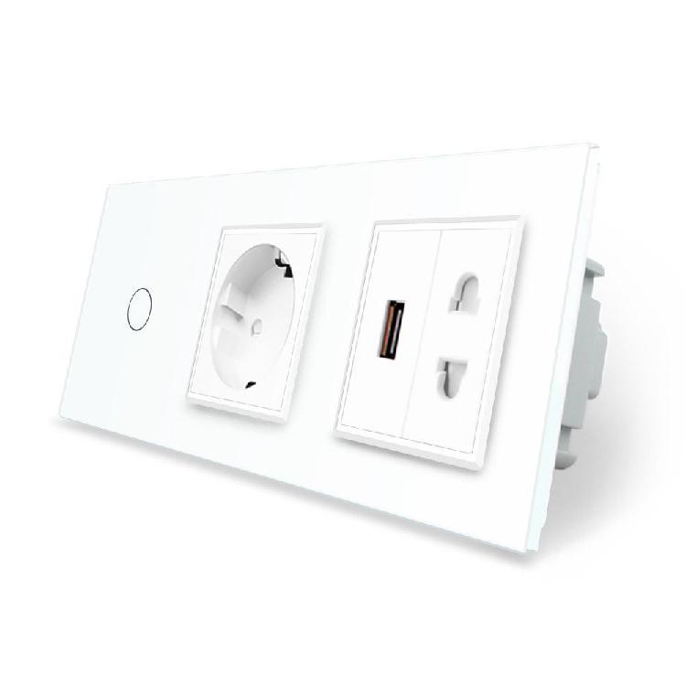 Выключатель сенсорный проходной Livolo 1 сенсор 1 розетка 1 USB 1 розетка универсальная стеклянный
