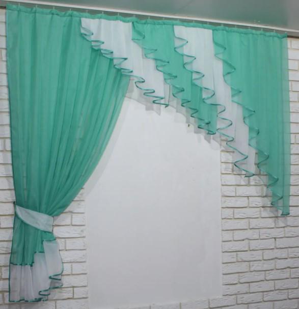 Шторки кухонные с ламбрекеном 200х170 см Бирюзовый/Белый (070к)