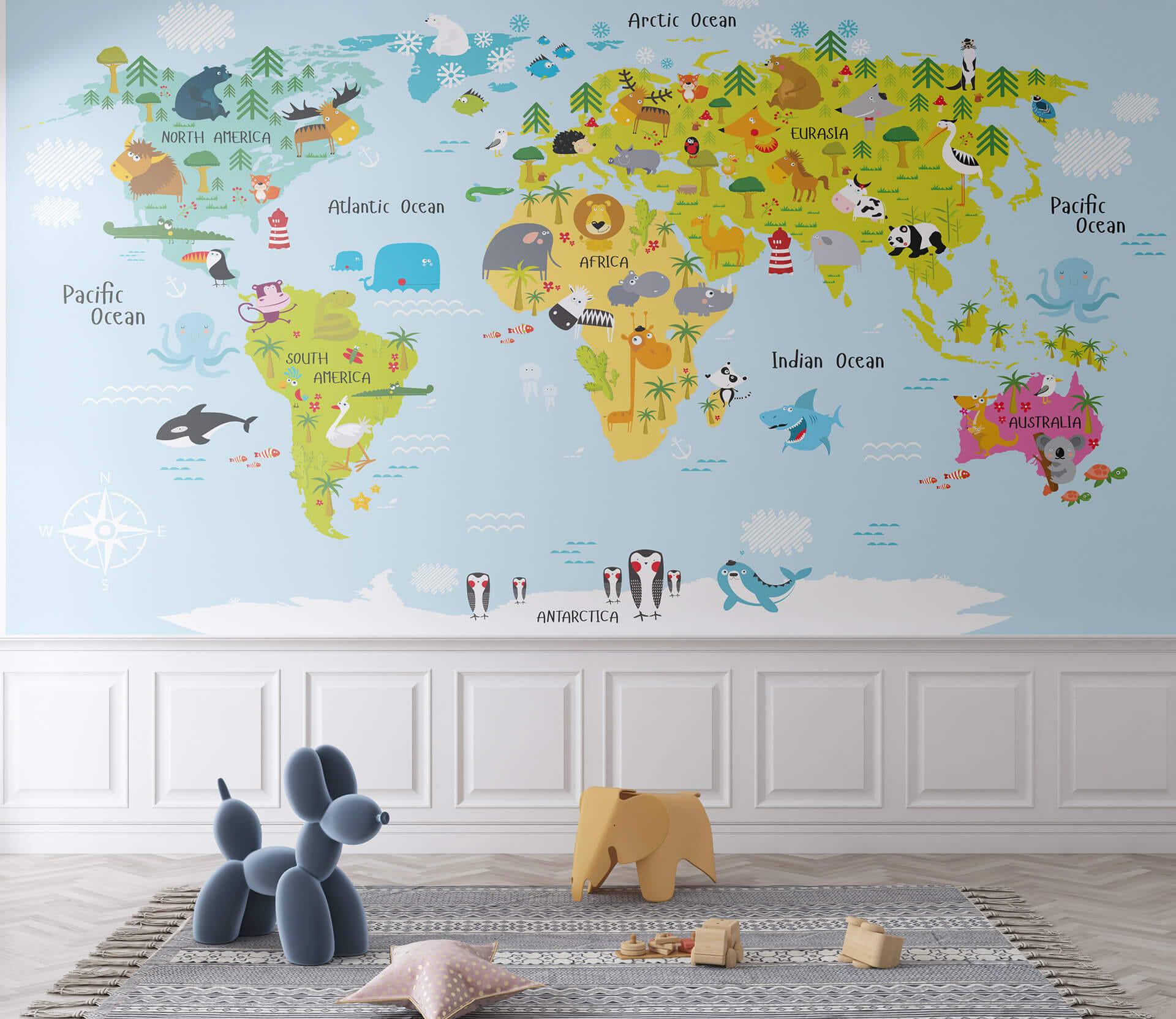 Фотообои флизелиновые Styleo Print-walls Карта мира для детей с животными 340 350х270 см (Pw-340/3)