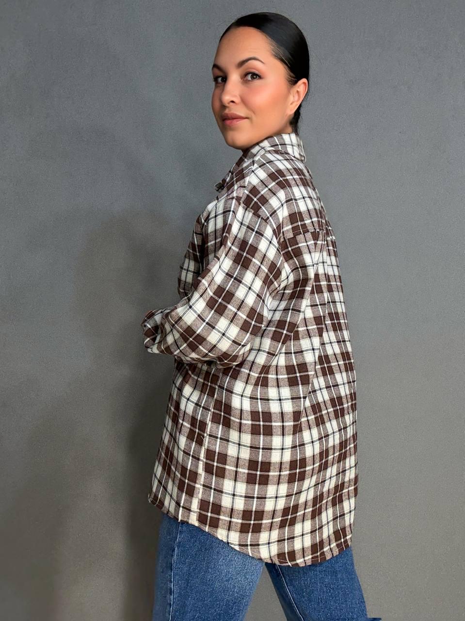 Сорочка жіноча Baoyu 225-1 в клітинку оверсайз фланель OS Світло-коричневий (4764) - фото 7