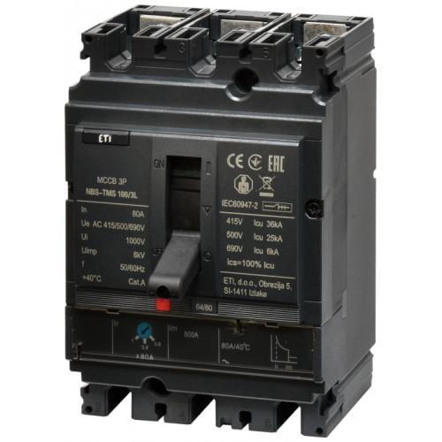 Автоматичний вимикач корпусний ETI NBS-TMS 100/3L 80A 36 kA 3P (4673006)