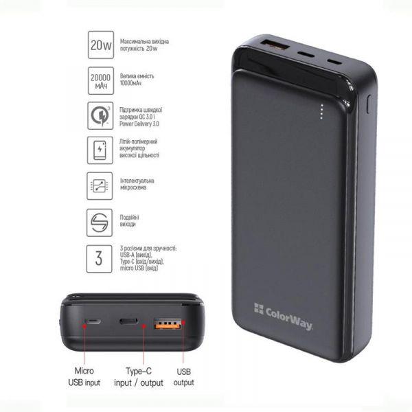 Повербанк ColorWay Slim 20000 mAh Black (CW-PB200LPG3BK-PD) - фото 8