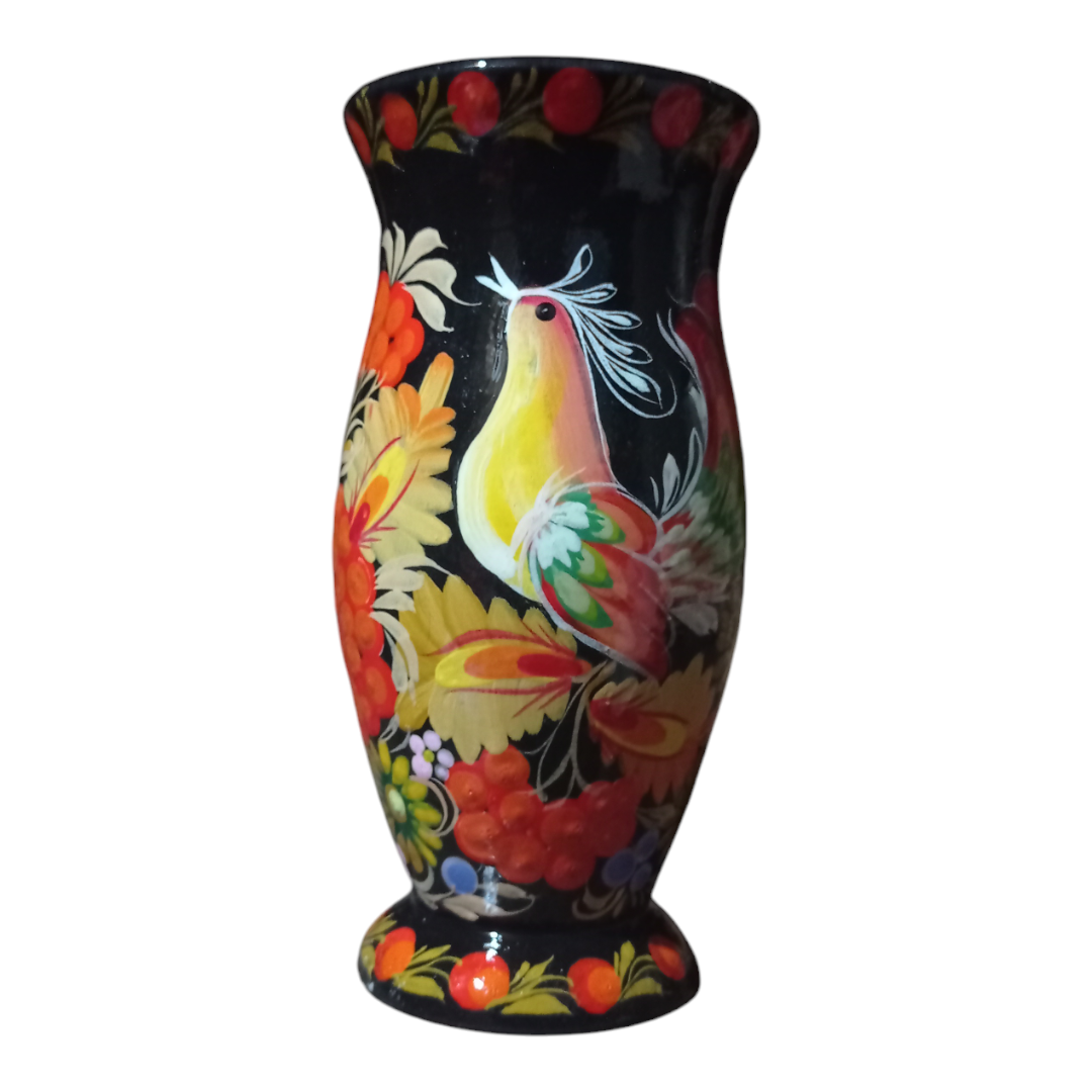 Ваза дерев'яна декоративна Пташка на калині петриківський розпис 13х6 см