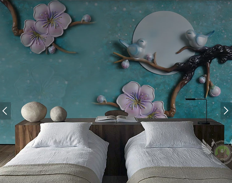 Фотообои флизелиновые 3D для спальни/зала/кухни моющиеся Птицы на сакуре