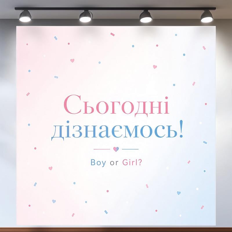 Баннер на Гендер пати Сегодня узнаем Boy or Girl нежный дизайн в горошек 160x160см, №48557