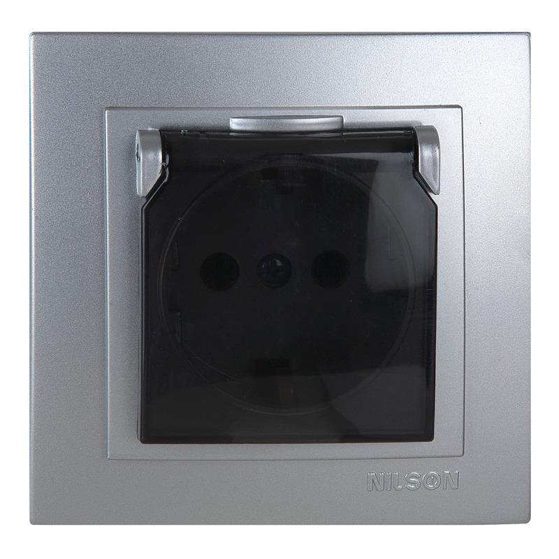 Розетка одинарна із заземленням та кришкою Nilson Touran Срібло (00000012493)