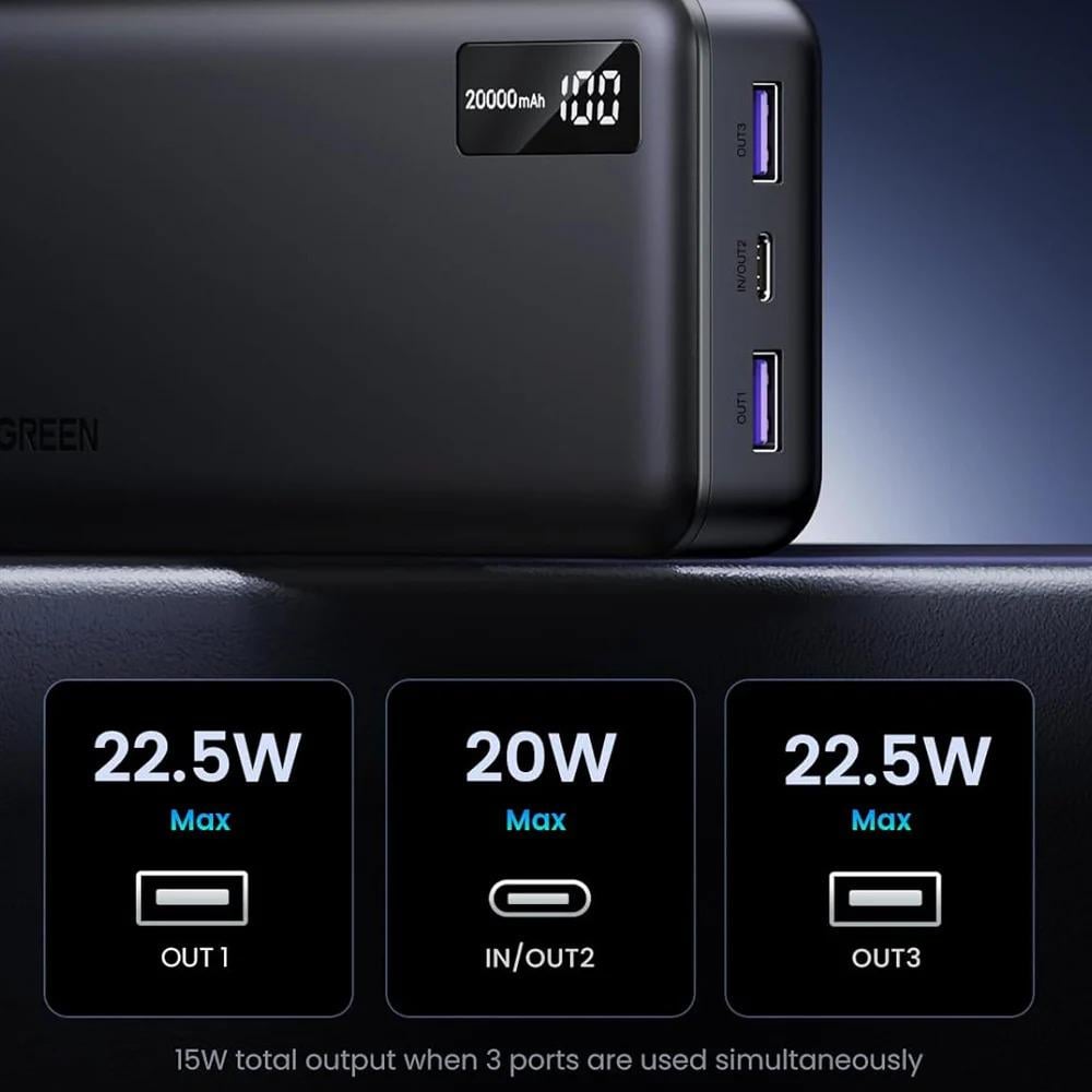 Акумулятор зовнішній для телефону UGREEN PB312 20000 mAh 22,5W Two-way Fast Charging Power Bank Black (25683) - фото 3 Акумулятор зовнішній для телефону UGREEN PB312 20000 mAh 22,5W Two-way Fast Charging Power Bank Black (25683) - фото 3