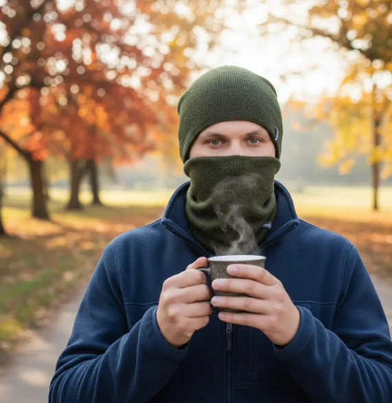 Комплект зимняя мужская шапка с хомутом на флисе Хаки (29548379) - фото 5