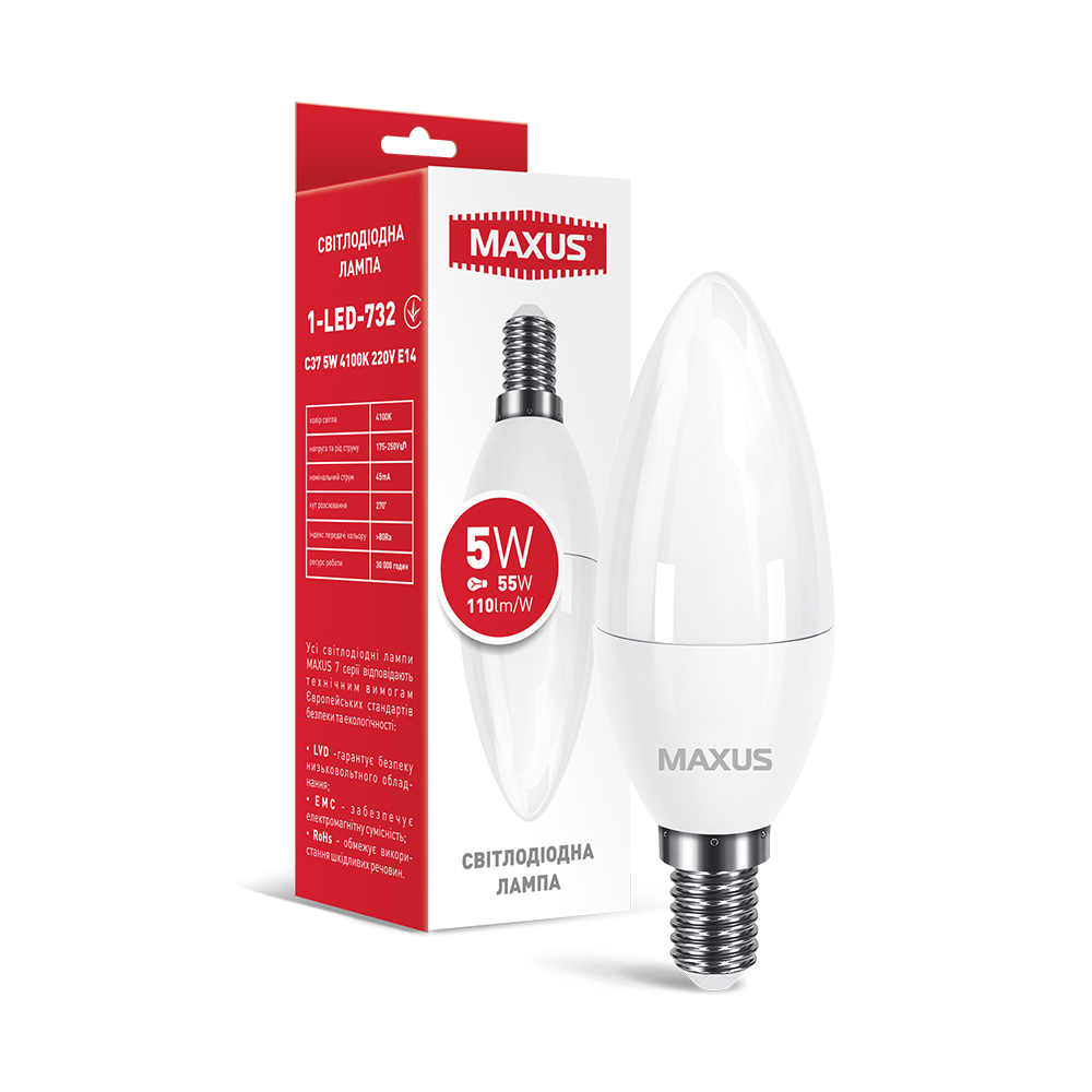 Світлодіодна лампа-свічка Maxus 1-LED-732 C37 5W 4100K E14 (27829968)
