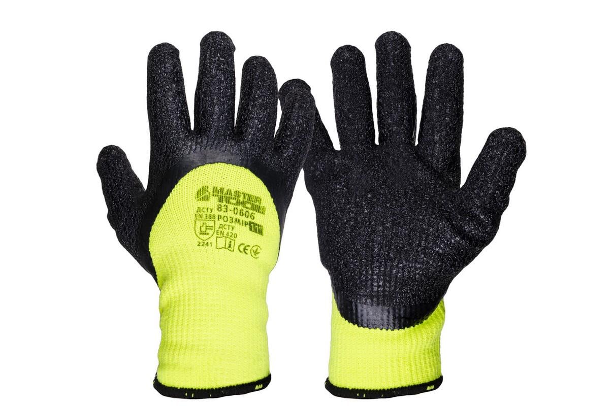 Перчатки акриловые MasterTool утепленные с морщинистым латексным покрытием ¾ 11" 12 пар. Неоново-черный (83-0606)