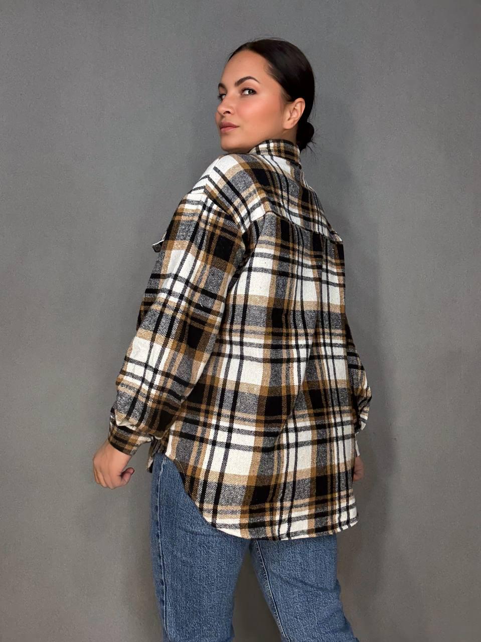 Сорочка жіноча YZY 223 картата оверсайз тепла байка OS Бежевий (5399) - фото 4 Сорочка жіноча YZY 223 картата оверсайз тепла байка OS Бежевий (5399) - фото 4