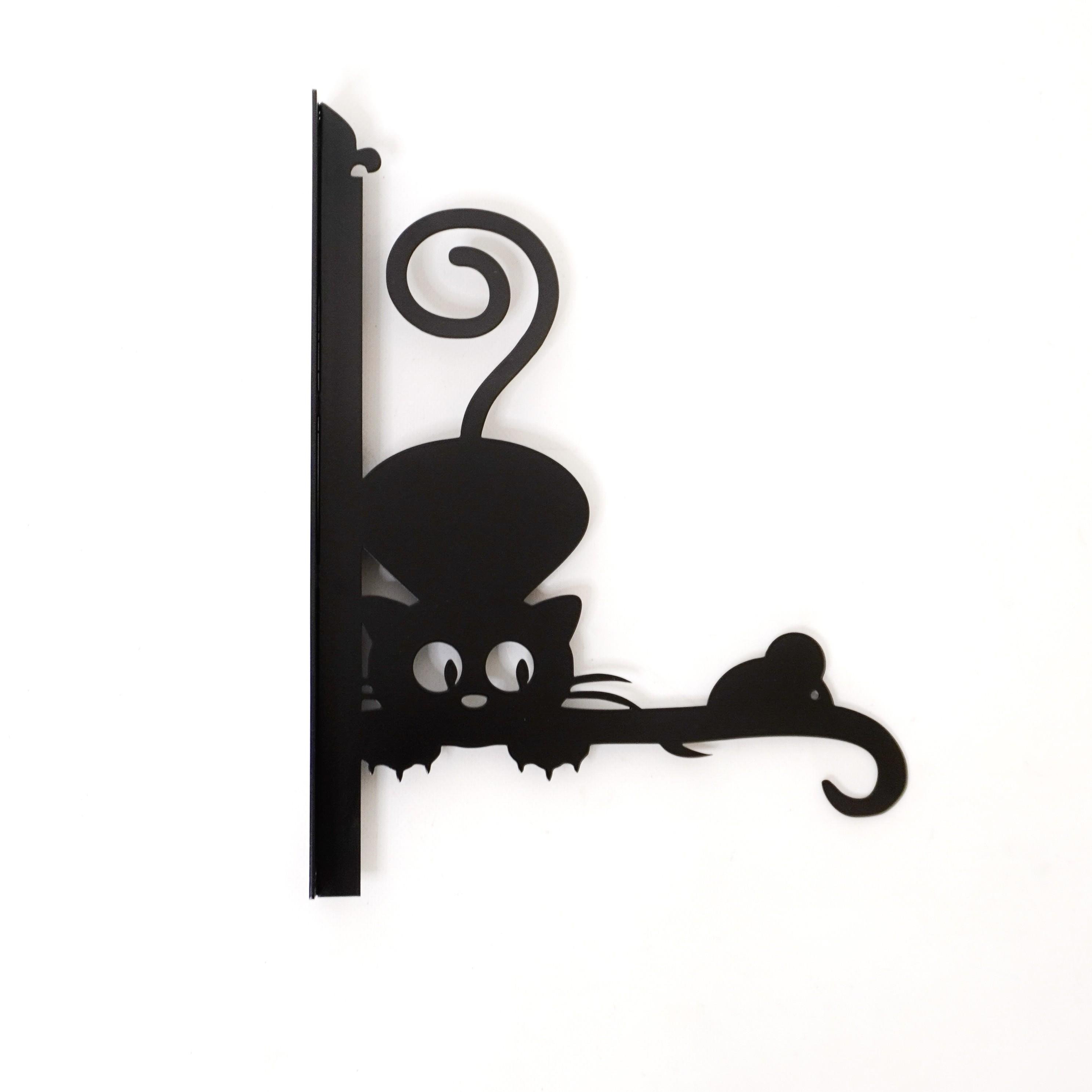 Кронштейн Кот и мышка для кашпо с цветами метал Черный (Б008)