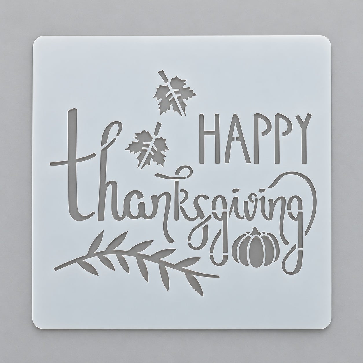 Трафарет на Хелловін з написом Happy Thanksgiving гарбузом та осіннім листям для декорування торта 15x15 см Сірий (218106) Трафарет на Хелловін з написом Happy Thanksgiving гарбузом та осіннім листям для декорування торта 15x15 см Сірий (218106)