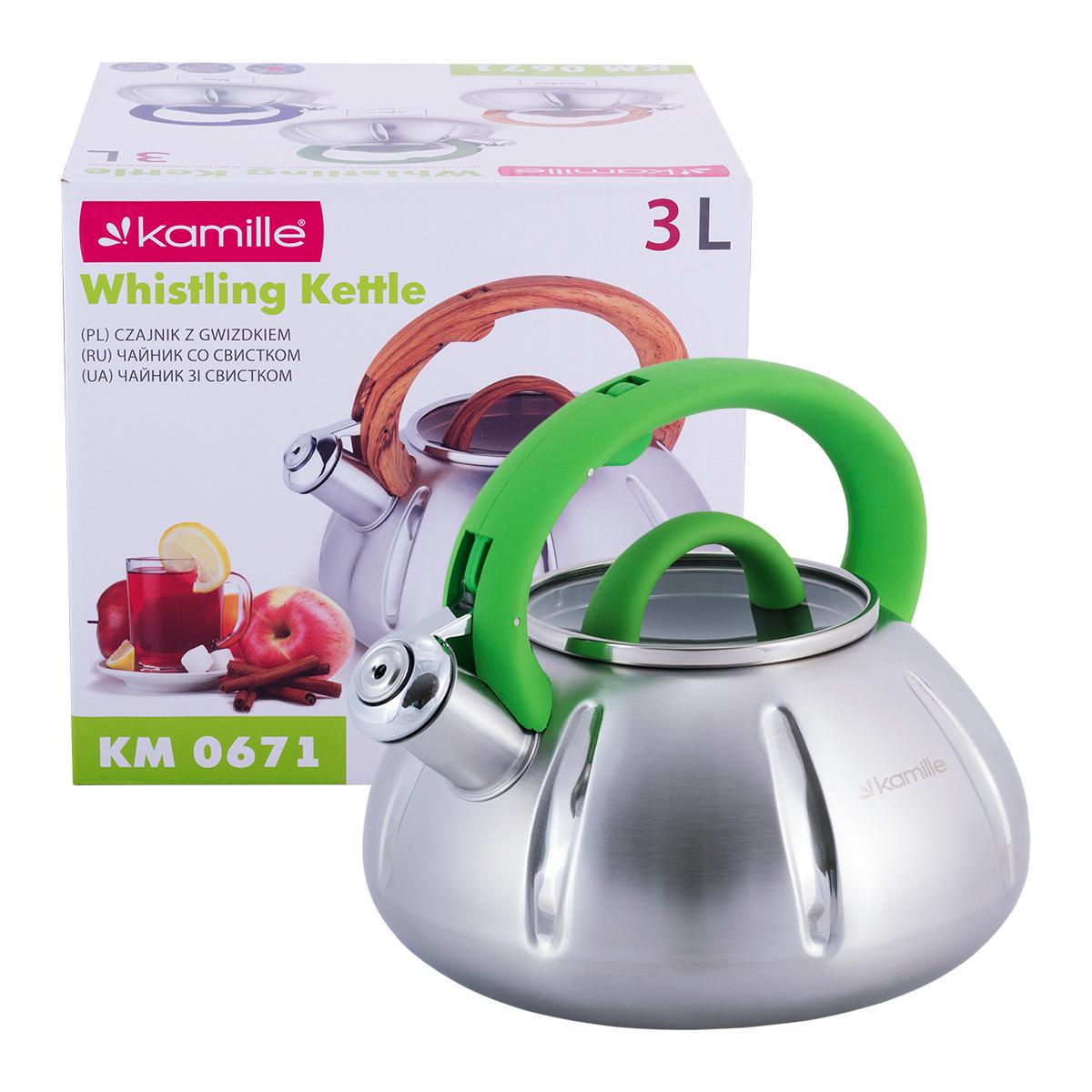 Чайник Kamille Vizo из нержавеющей стали со свистком 3 л Серебристый/Зеленый (0671) - фото 8
