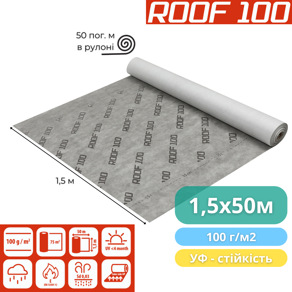 Мембрана дифузійна Roof 100 1,5x50 м 75 м2 100 г/м2 (390223) - фото 3 Мембрана дифузійна Roof 100 1,5x50 м 75 м2 100 г/м2 (390223) - фото 3