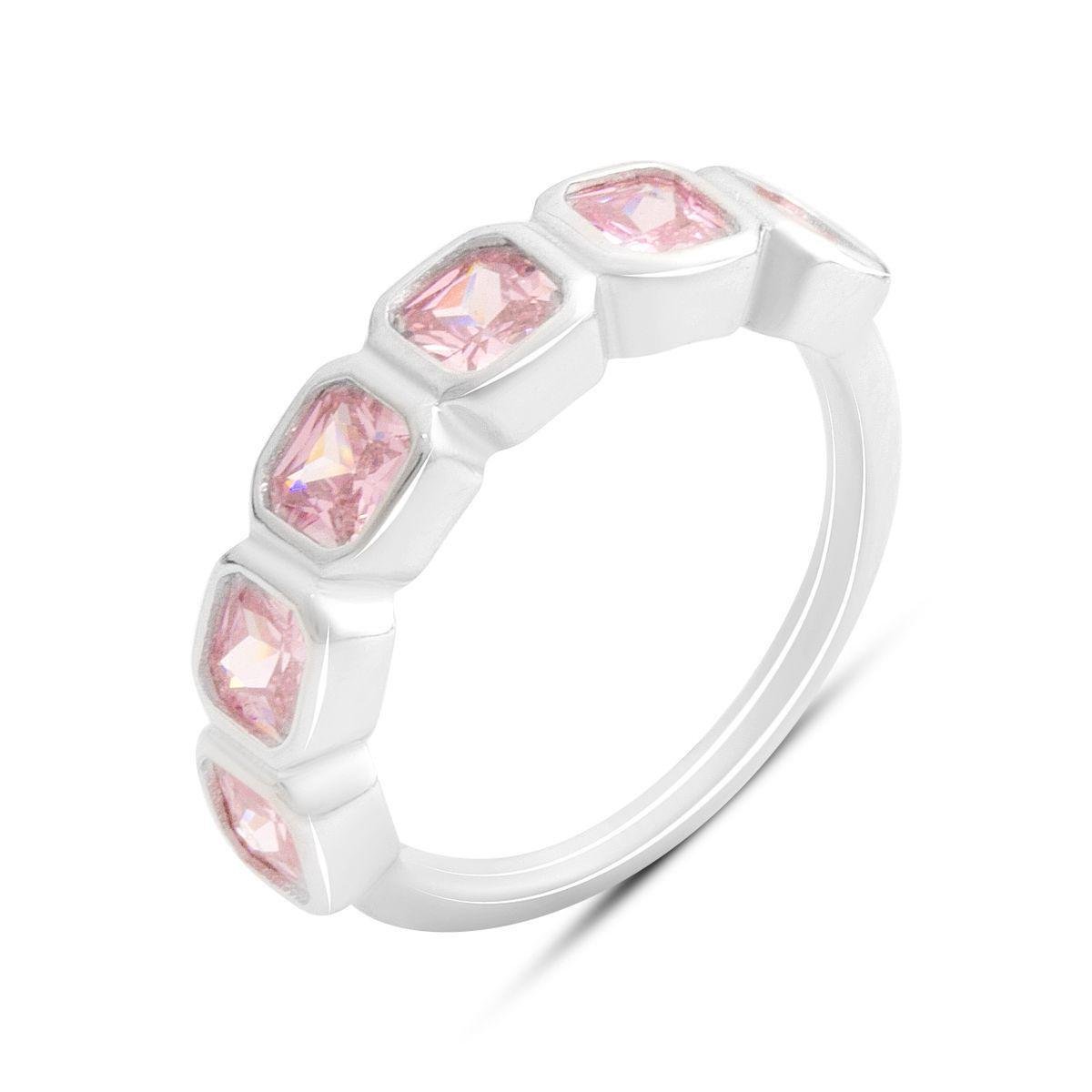 Каблучка срібна з рожевими фіанітами у геометричному оформленні р. 17,5