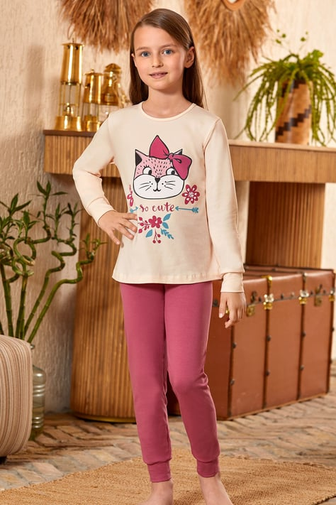 Пижама для девочки хлопковая BAYKAR Кошечка р. 5 110-116 см 5-6 лет Персиковый (9144-226)