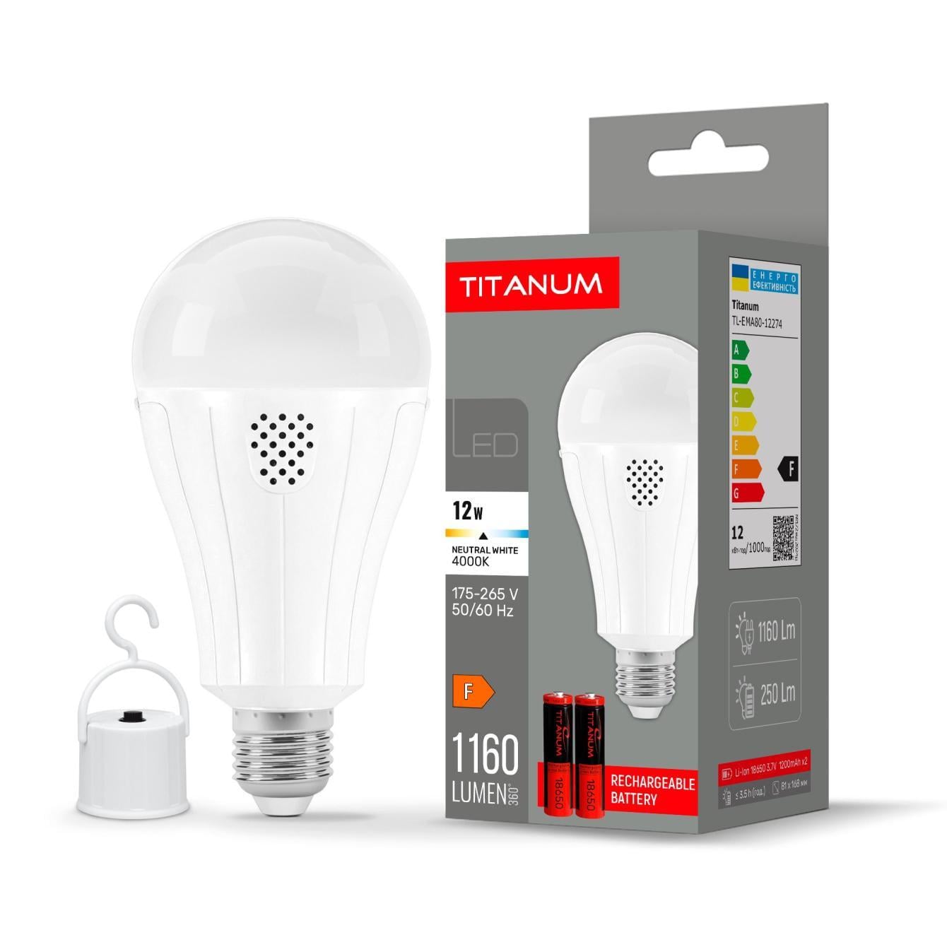 Лампа LED аккумуляторная TITANUM TL-EMA80-12274 A80 12W E27 4000K 230V (36486401)