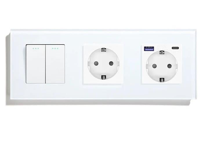 Выключатель универсальный LUXION проходной 2-клавишный с розеткой USB A+C 20Вт с заземлением стекло Белый