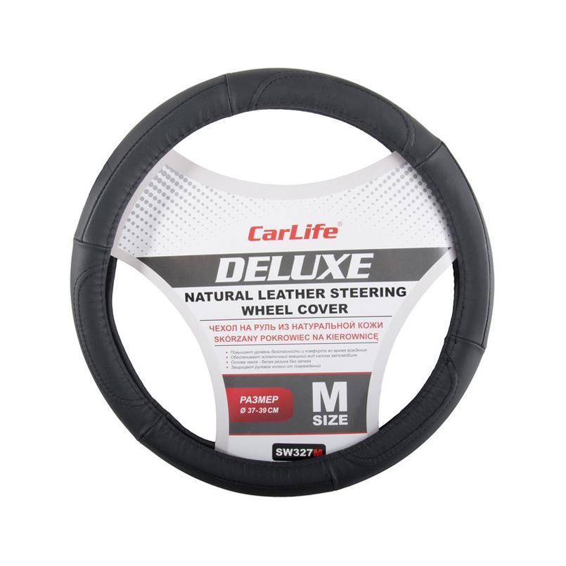Чехол на руль CarLife Delux кожаный 37-39 см Черный (SW327M)
