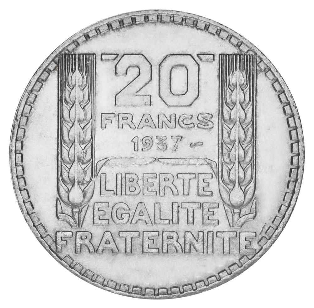 Коллекционная монета Франция 20 франков 1937 серебро F-VF Ag 680 20 г (М19841)