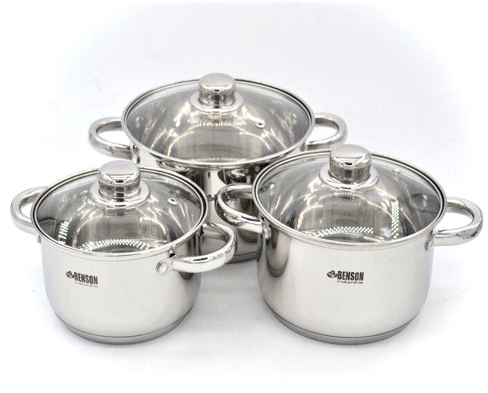 Набір каструль Benson BN-198 з нержавіючої сталі з багатошаровим дном 6 пр. 2,1/2,9/3,9 л Сріблястий (BN-198)