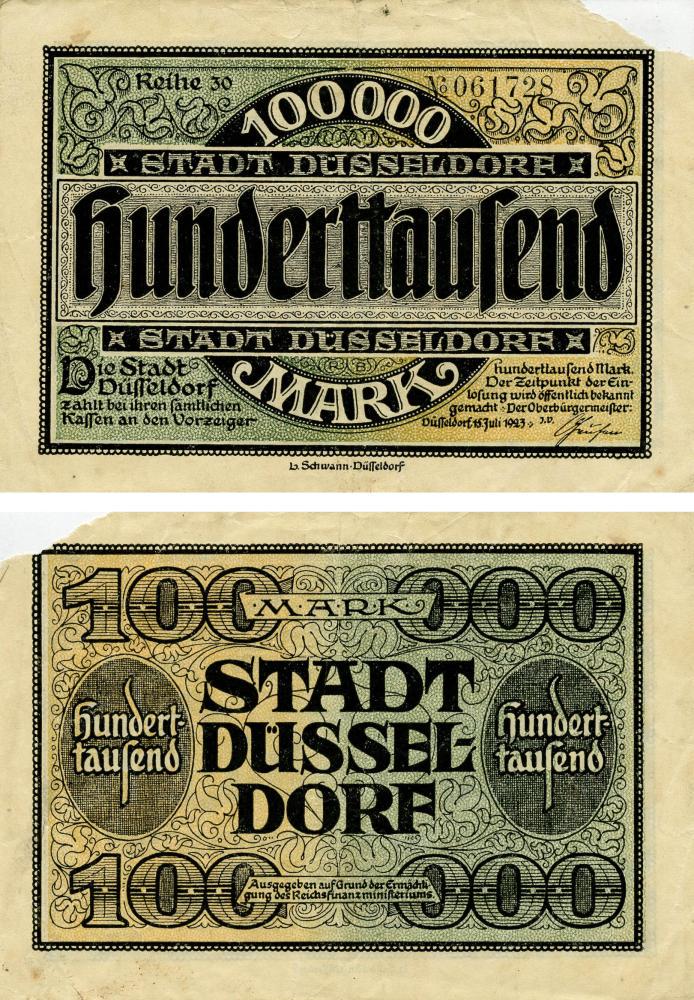 Коллекционная банкнота Германия Нотгельд 100 000 марок 1923 F-VF Дюсельдорф (Б18871)