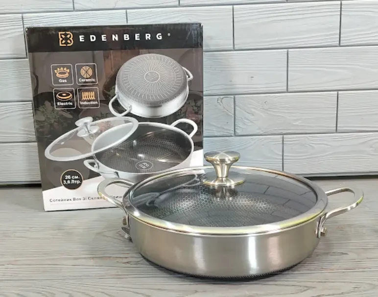 Сотейник со стеклянной крышкой Edenberg EB-13077 26 см 3,6 л из нержавеющей стали (PH00980)