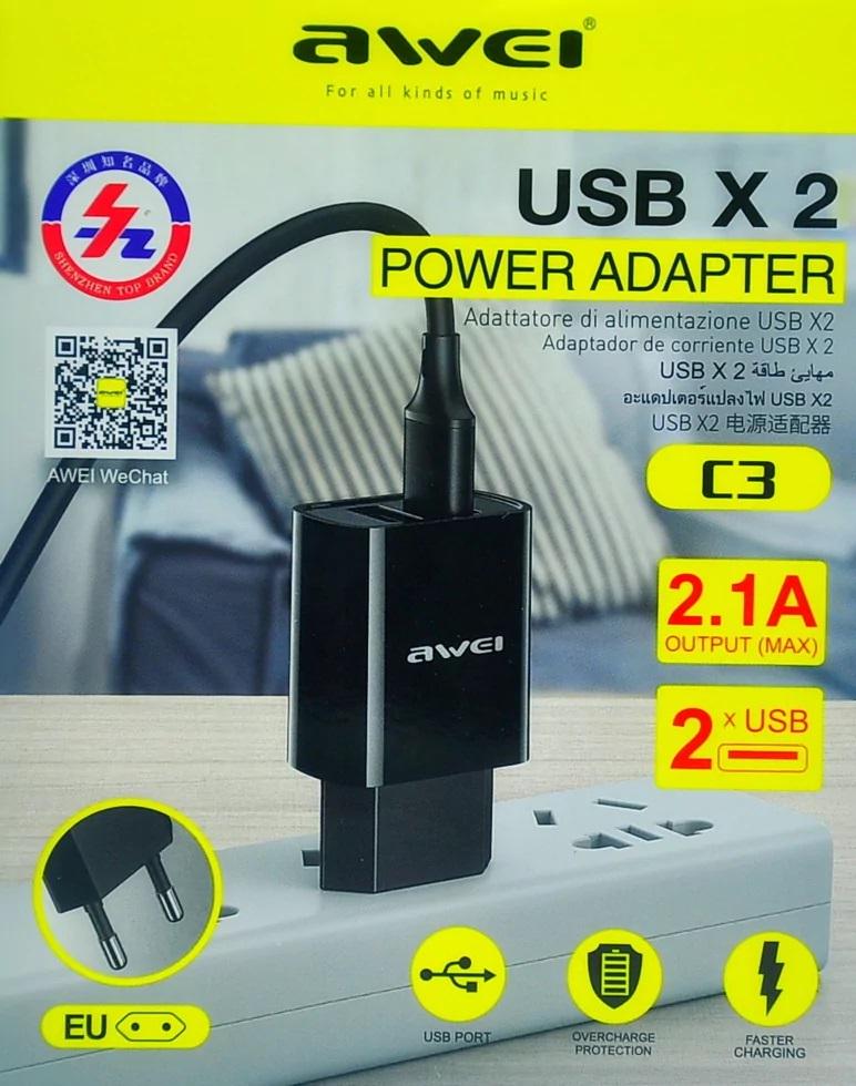 Адаптер зарядний мережевий Awei C3 5 В 2,1 A 2 USB (9073) - фото 4