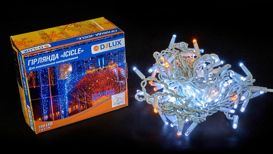 Гирлянда внешняя Delux Icicle 108 LED IP44 EN бахрома 27 flash 2x1 м Желтый/Белый/Белый (13455396)