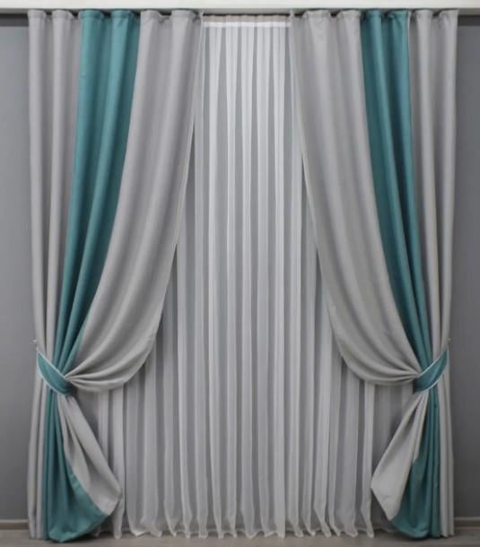 Шторы лен 1,7х2,7 м 2 шт. Бирюзовый/Светло-серый (016дк/867-511-867ш)