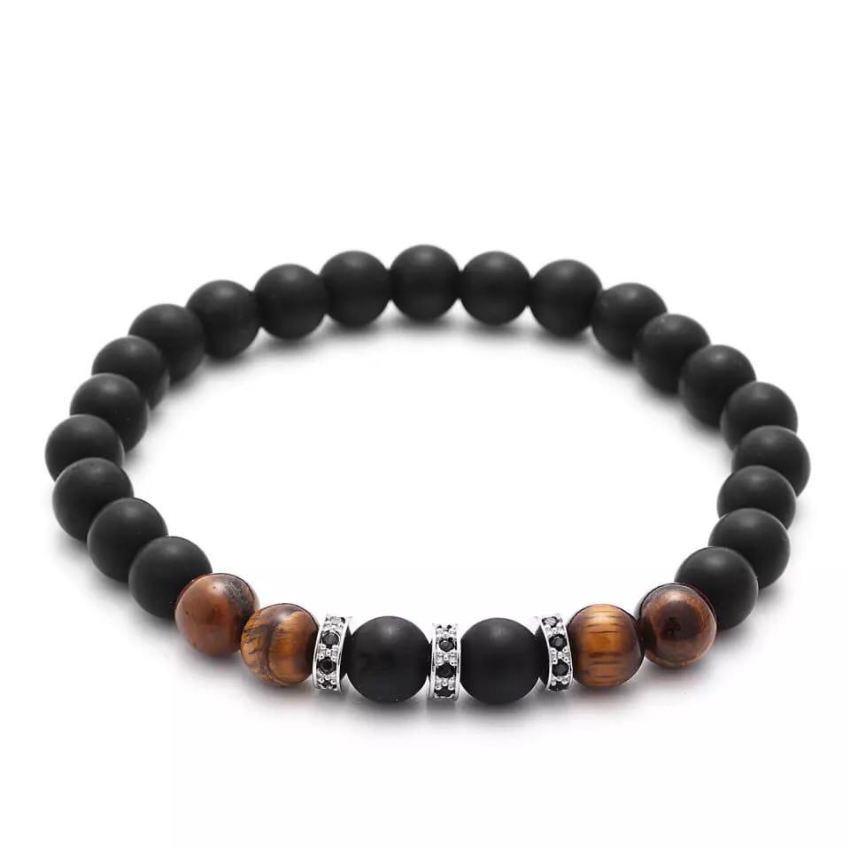 Браслет із шунгіту та тигрового ока з трьома дисками р. 22 (90066)