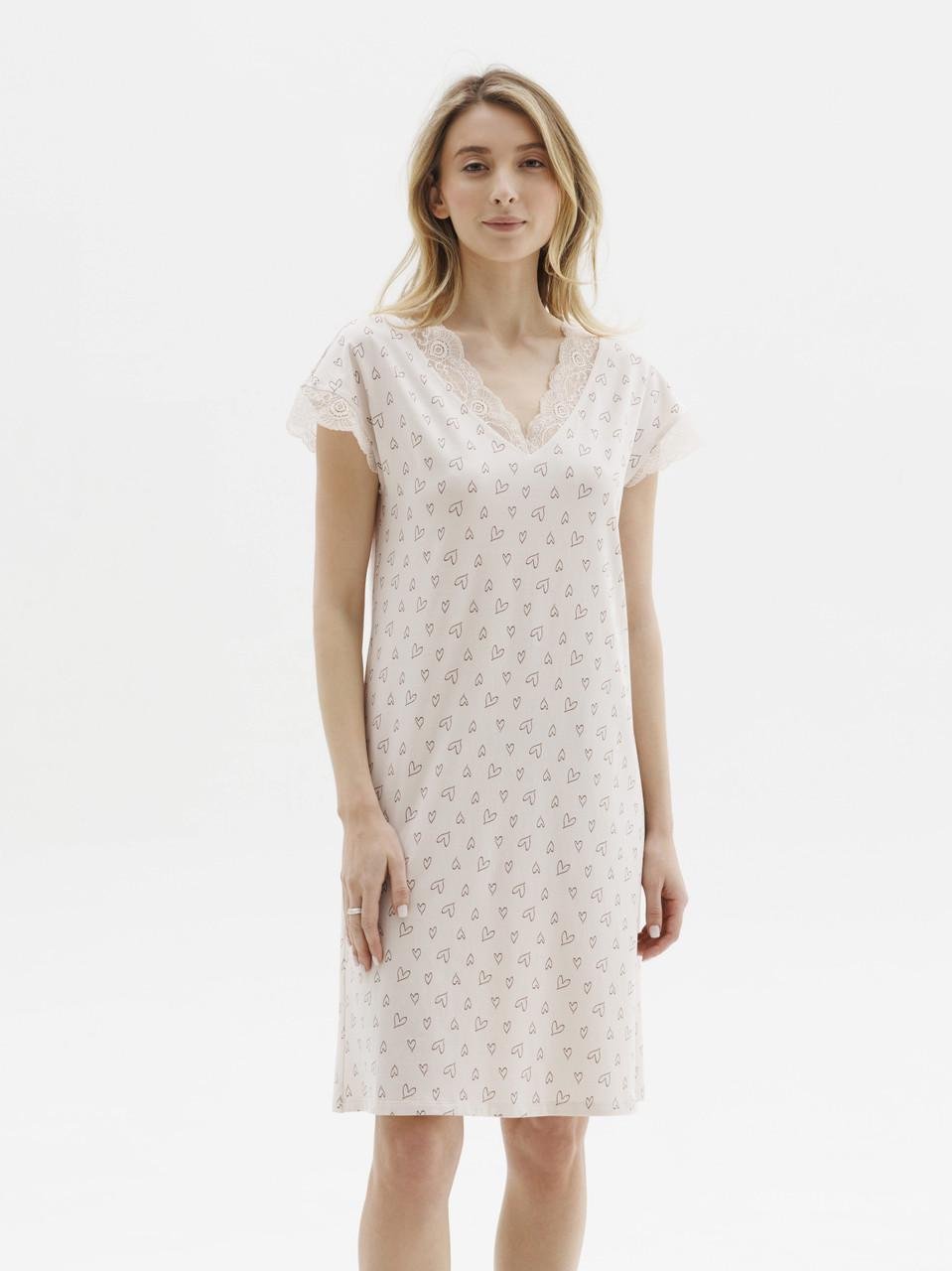 Ночная сорочка женская Roksana с короткими рукавами и кружевом батальная с сердечками L Белый (1369/16327)