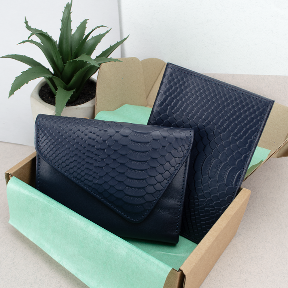 Подарунковий жіночий набір №90 гаманець Sabrina/обкладинка на паспорт Синій пітон (2128273770)