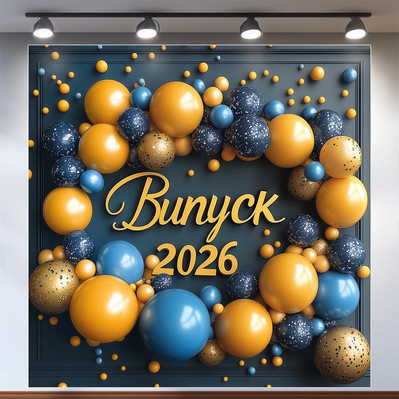 Баннер для фотозоны "Випускний 2026" венок из синих и золотых шаров на темном фоне 120x120 см №41002