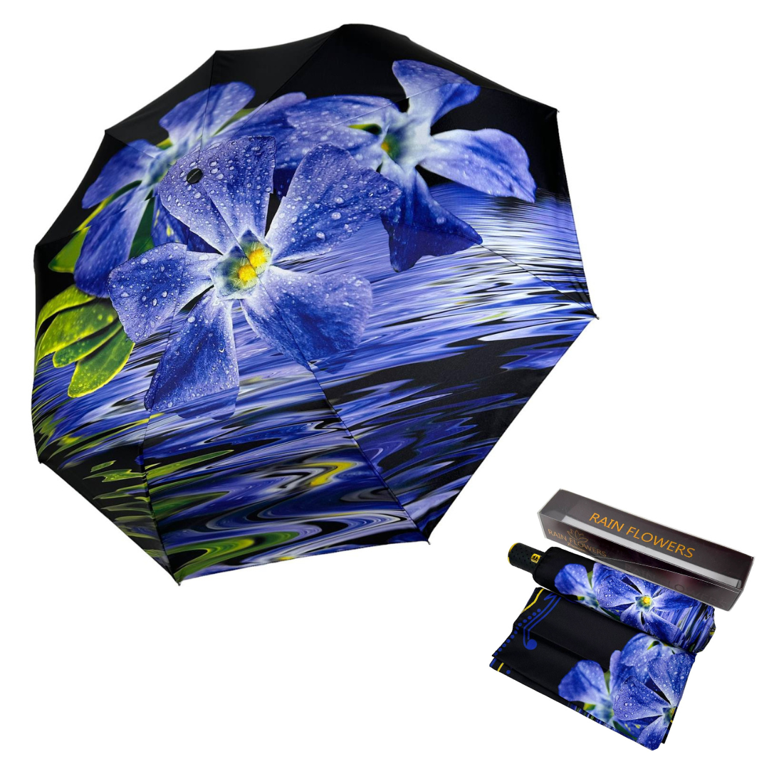 Зонт женский автомат Rain Flower в подарочной упаковке с платком Черный с синими цветами (01020-3) - фото 2