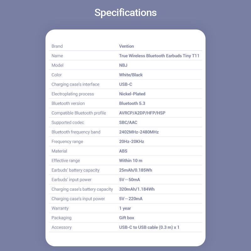 Навушники бездротові Vention Tiny T11 Bluetooth 5.3 з AI-шумозаглушенням TWS 13 мм 25 год відтверення AAC/SBC Hi-Fi Чорний (NBJB0) - фото 8 Навушники бездротові Vention Tiny T11 Bluetooth 5.3 з AI-шумозаглушенням TWS 13 мм 25 год відтверення AAC/SBC Hi-Fi Чорний (NBJB0) - фото 8