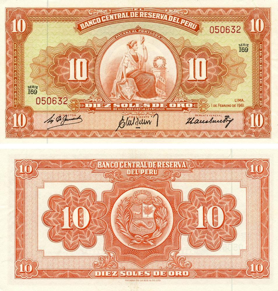 Коллекционная банкнота Перу 10 соль 1961 AU-UNC P82A (Б18990)