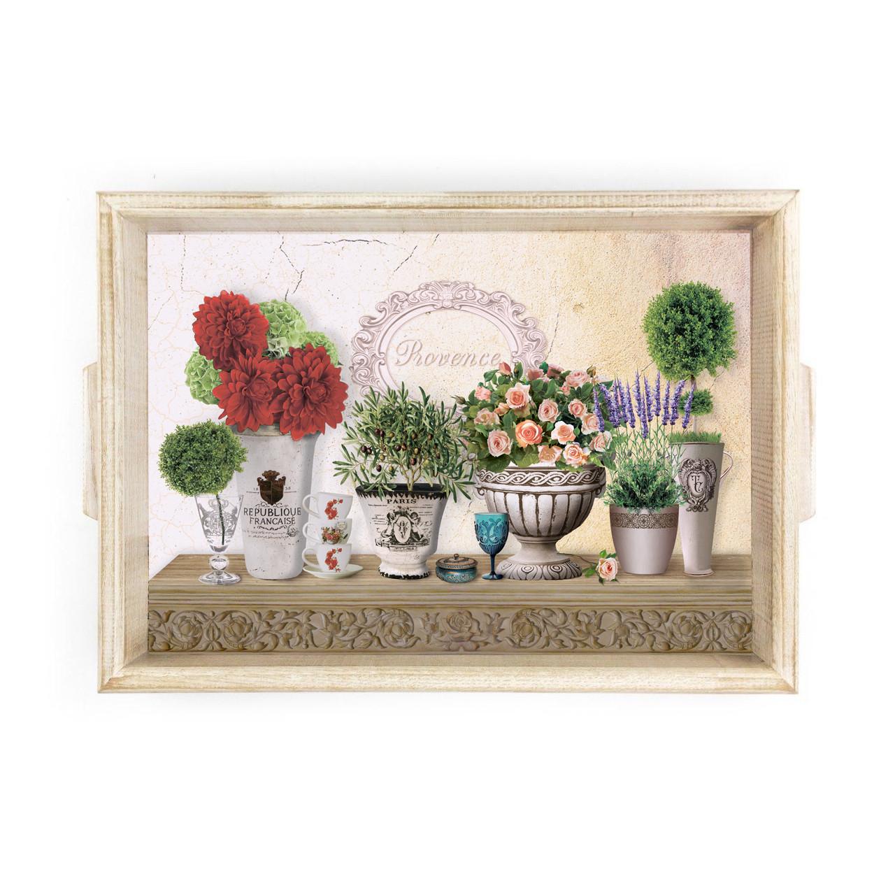 Поднос деревянный с ручками Букет георгин и роз 30х42 см (ппр0102бу)