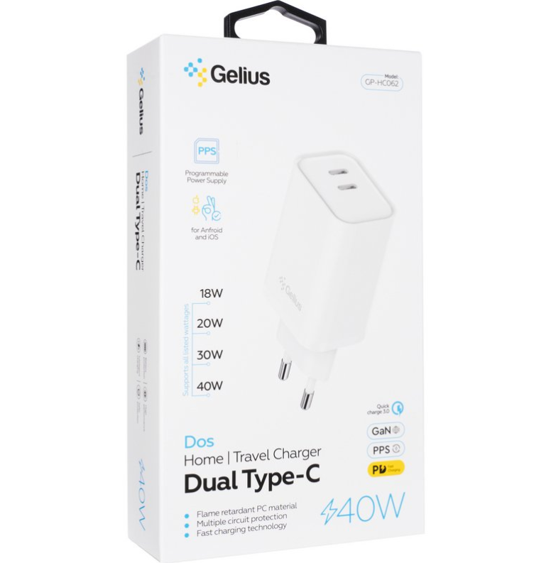 Зарядний пристрій мережевий Gelius Dos GP-HC062 40W 2Type-C White (2650207079) - фото 8 Зарядний пристрій мережевий Gelius Dos GP-HC062 40W 2Type-C White (2650207079) - фото 8