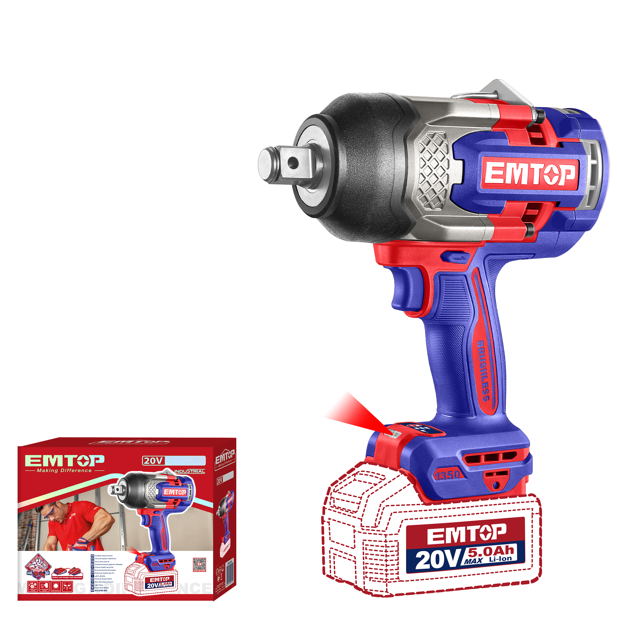 Гайковерт акумуляторний ударний EMTOP ECIWL201351 без АКБ і ЗУ